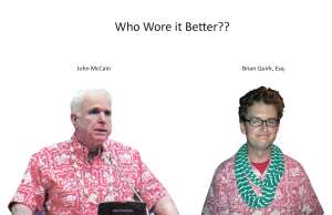 McCain keeps things simple and chic with minimal accessories, while Brian gets festive with a bold striped scarf and a sassy red undershirt.